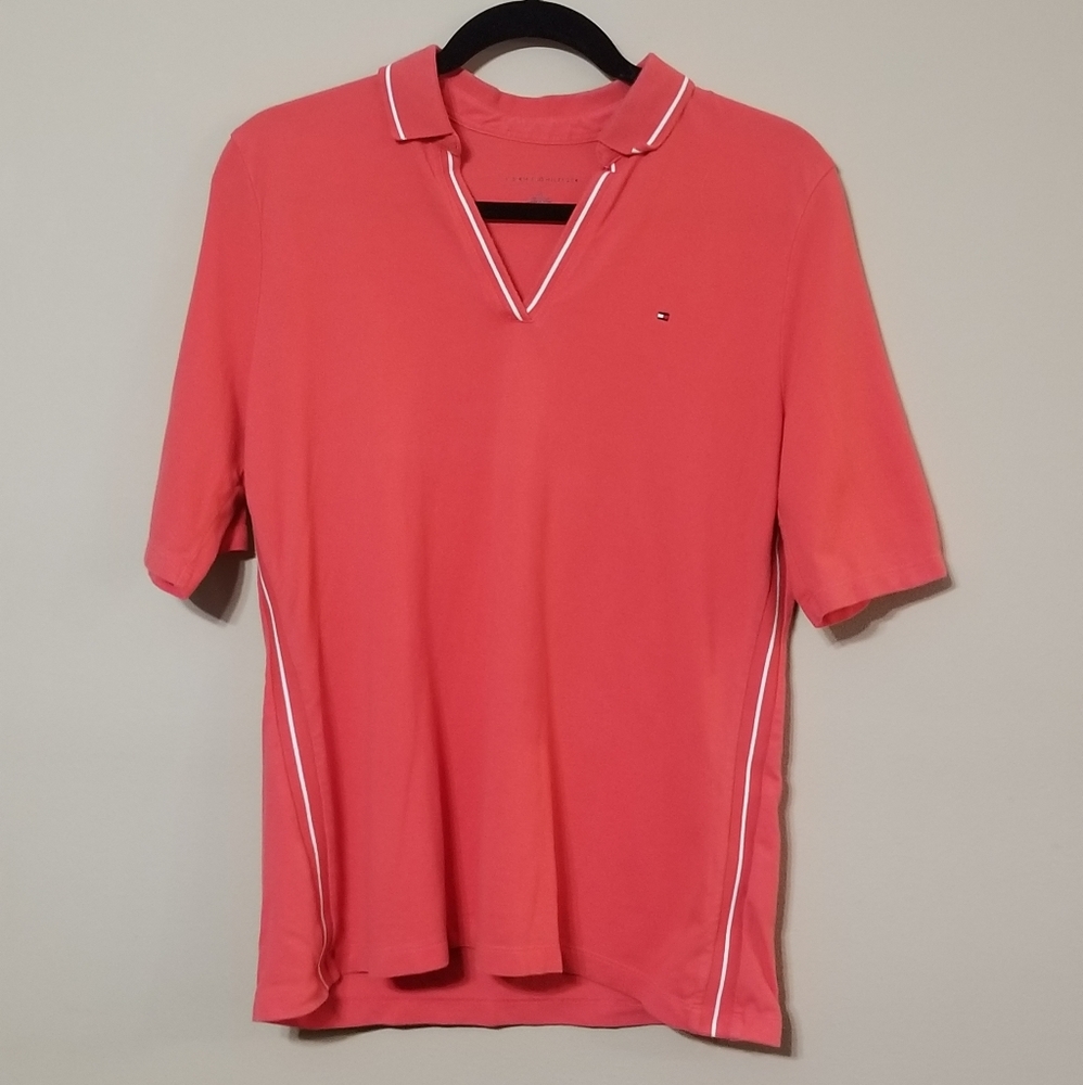 Tommy Hilfiger Orange & White Vneck Polo Short Sleeve Tshirt Top, Large